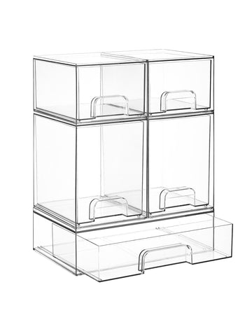 Clear Stackable Storage Drawers Set of 5, Plastic Organizer Bins