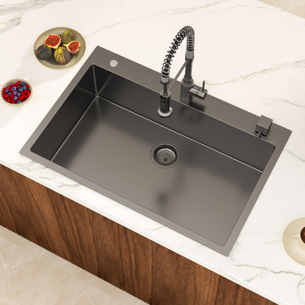 33 Inch Black Drop In Stainless Steel Sink Single Bowl