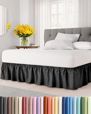 CGK Wrap Around Dust Ruffle Bed Skirt - Queen Size, 12" Inch, Black