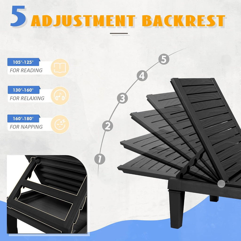 Outdoor Lounge Chairs Set of 2, 5-Position Adjustable Tanning Chairs with Wood Grain, All-Weather Res Recliners for