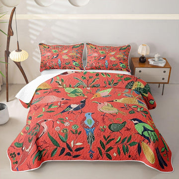 Birds Quilt Abstract Quilt Set Southwestern Leaves Plants Pattern Quilted Coverlet Breathable Natural Theme Red