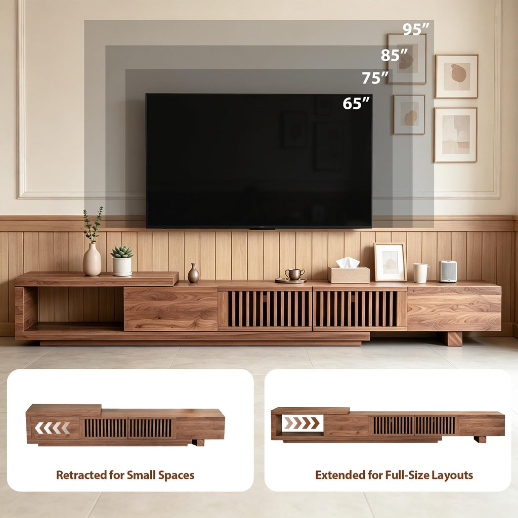 78.54-103" Mid-Century Modern Walnut TV Stand, Extendable Media Console with Slatted Door Design, Featuring Drawers