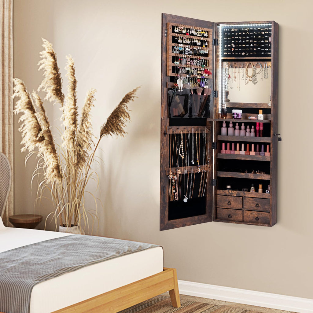 LED Mirror Jewelry Cabinet, Full Length Mirror with Jewelry Storage, Lockable Hanging Jewelry Holder Organizer with
