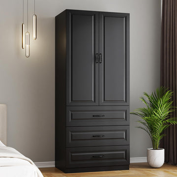 Black Wardrobe Closet with 3 Drawers and 2 Doors, 75" H x 32" W