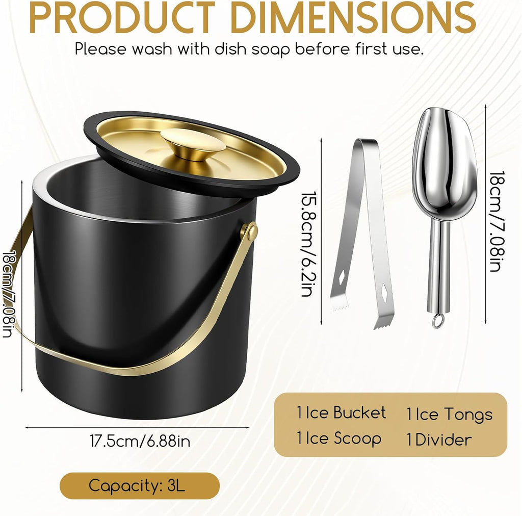 3L Modern Insulated Ice Bucket with Silicone Lid, Scoop, Strainer Double Wall Insulated Stainless Steel Ice-Bucket
