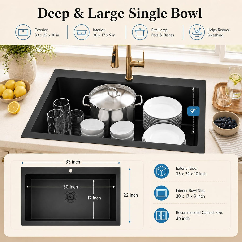 Black Drop Sink 33" X 22",Top Mount 16 Gauge Stainless Steel Workstation Sink,Deep & Large Single Bowl Kitchen Sinks