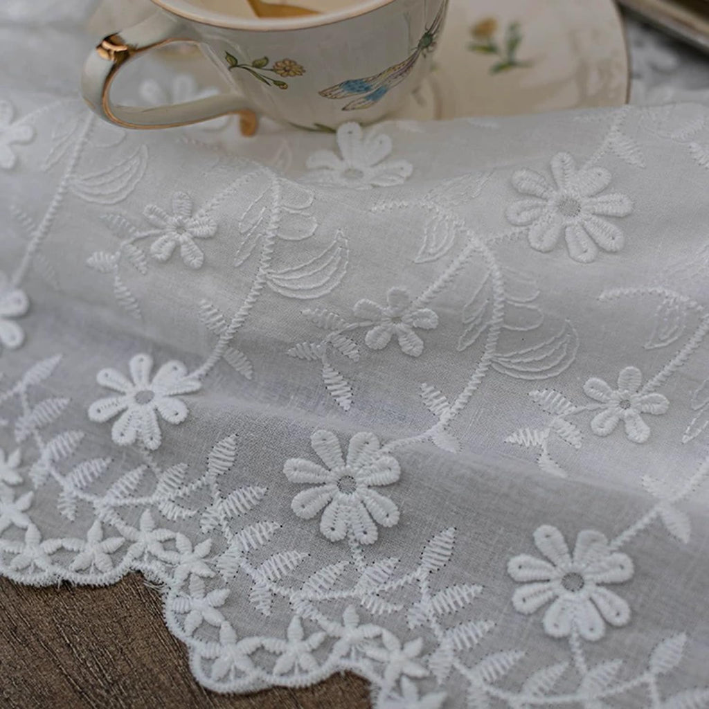Beige Floral Embroidered Lace Tablecloth, Elegant Scalloped Edge Design, Vintage Farmhouse Style, Banquet, Wedding