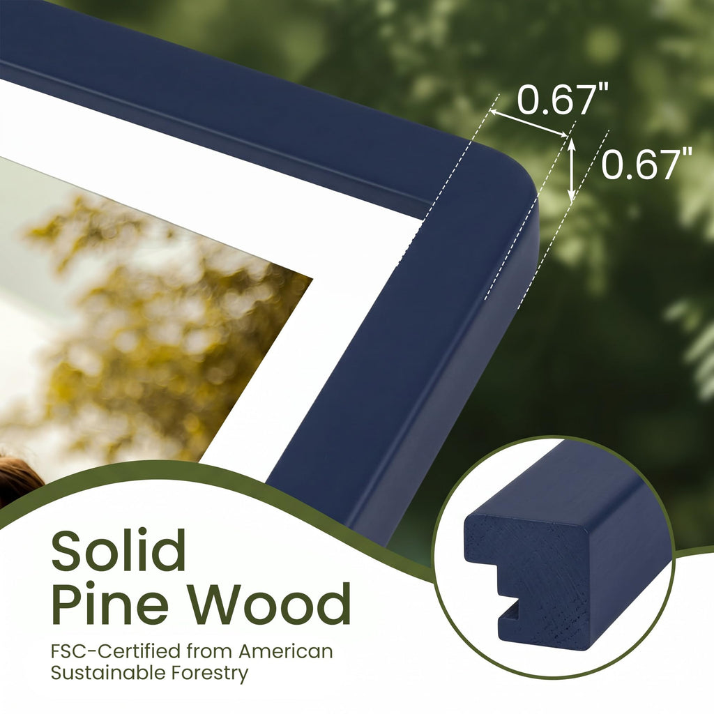 16x16 Solid Wood Square Frame | Matted for 12x12 Picture | Tempered Glass and Hanging Hardware Included | Navy Blue
