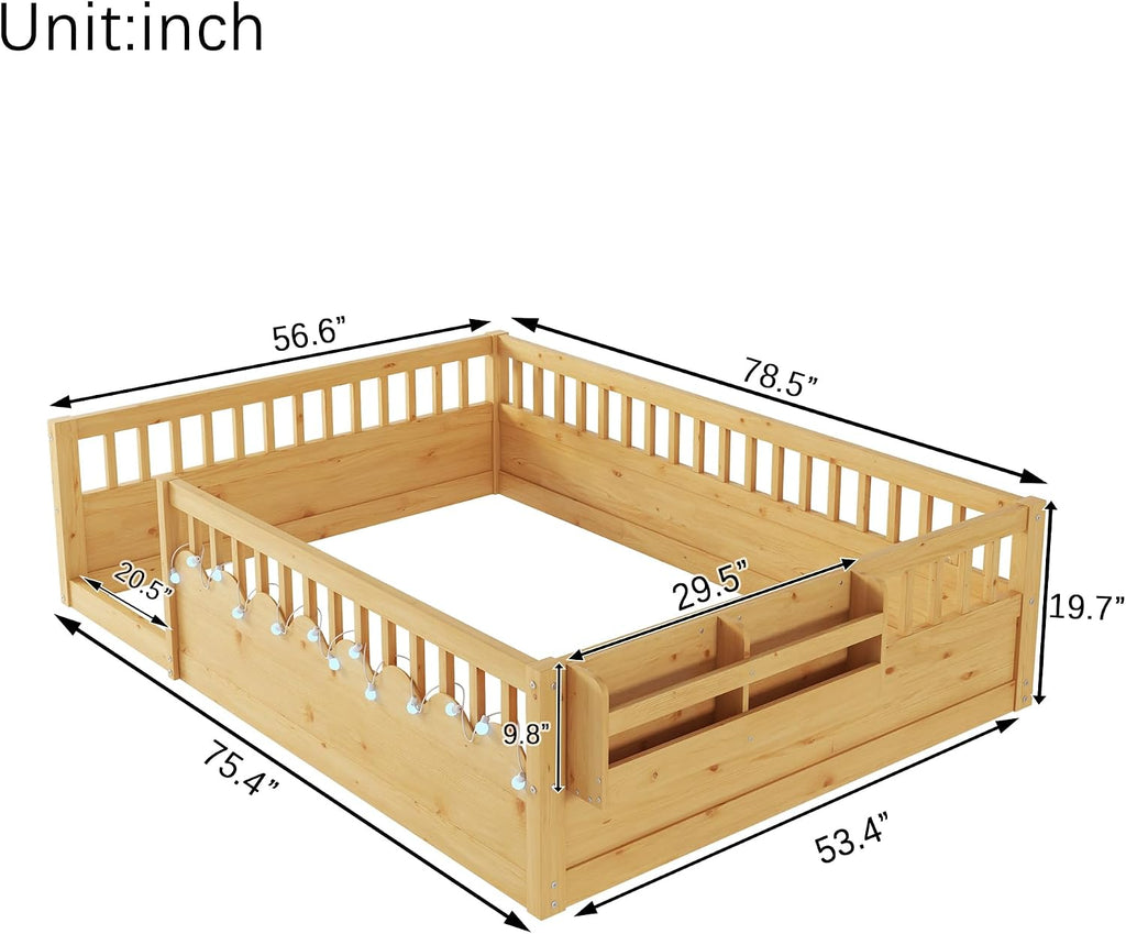 Floor Bed w/Light & Storage, Wood Montessori Platform Bed Frame w/Safety Rails, Space Saving Kids Beds for