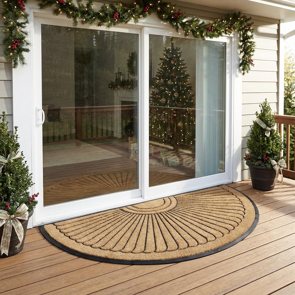 Sunburst Half Round Coco Coir Doormat, 36" x 72" - Extra Large Double Door Welcome Mat with Non-Slip Rubber Backing