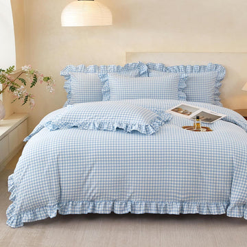 Gingham Ruffle Duvet Cover, Blue Bedding, Farmhouse French Country Style for Bed Decor, 3PCS - Duvet Cover