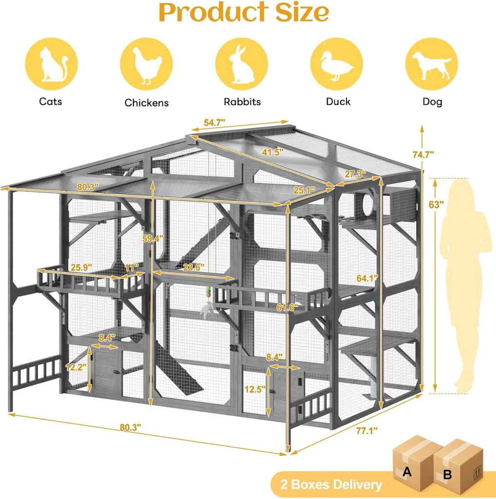 Large Outdoor Catio Cat Enclosure, Solid Wood, Grey