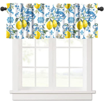 Lemon Window Valance, Summer Blue Tiles Lemons Traditional Floral Print Short Blackout Window Curtain Kitchen Bedroom