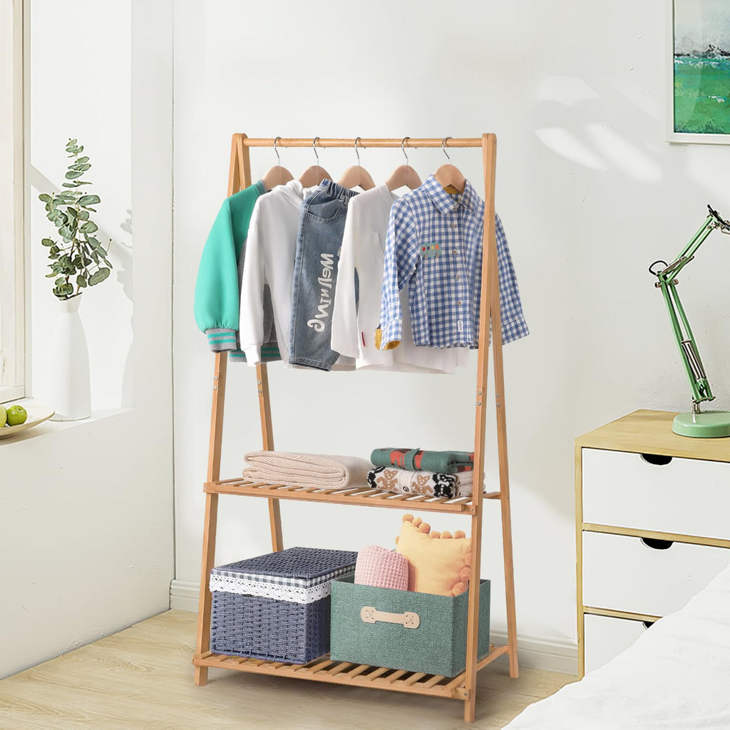 Bamboo Child Garment Rack Foldable with 2 Tier Storage Shelf