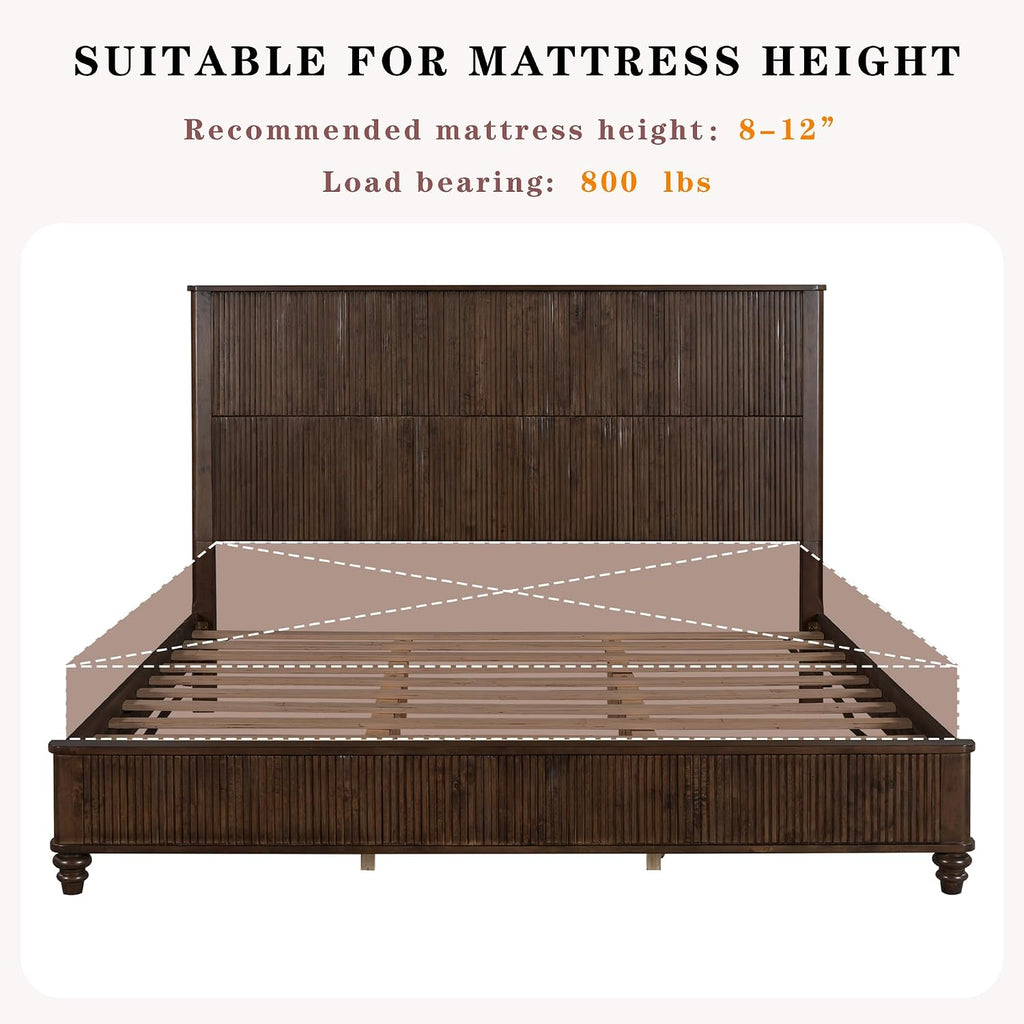 53.94" Tall Headboard Bed Frame Solid Wood Bed Frame Low Profile Farmhouse Wood Bed with Wooden Slats No Box Spring
