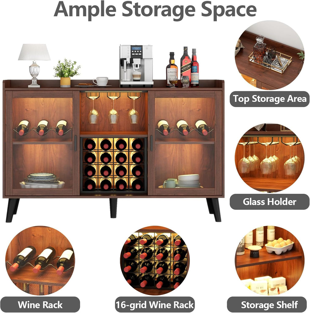 Wine Bar Cabinet with LED Light, Home Coffee Cabinet w/ Wine & Glass Holder | Kitchen Buffet Sideboard with Storage