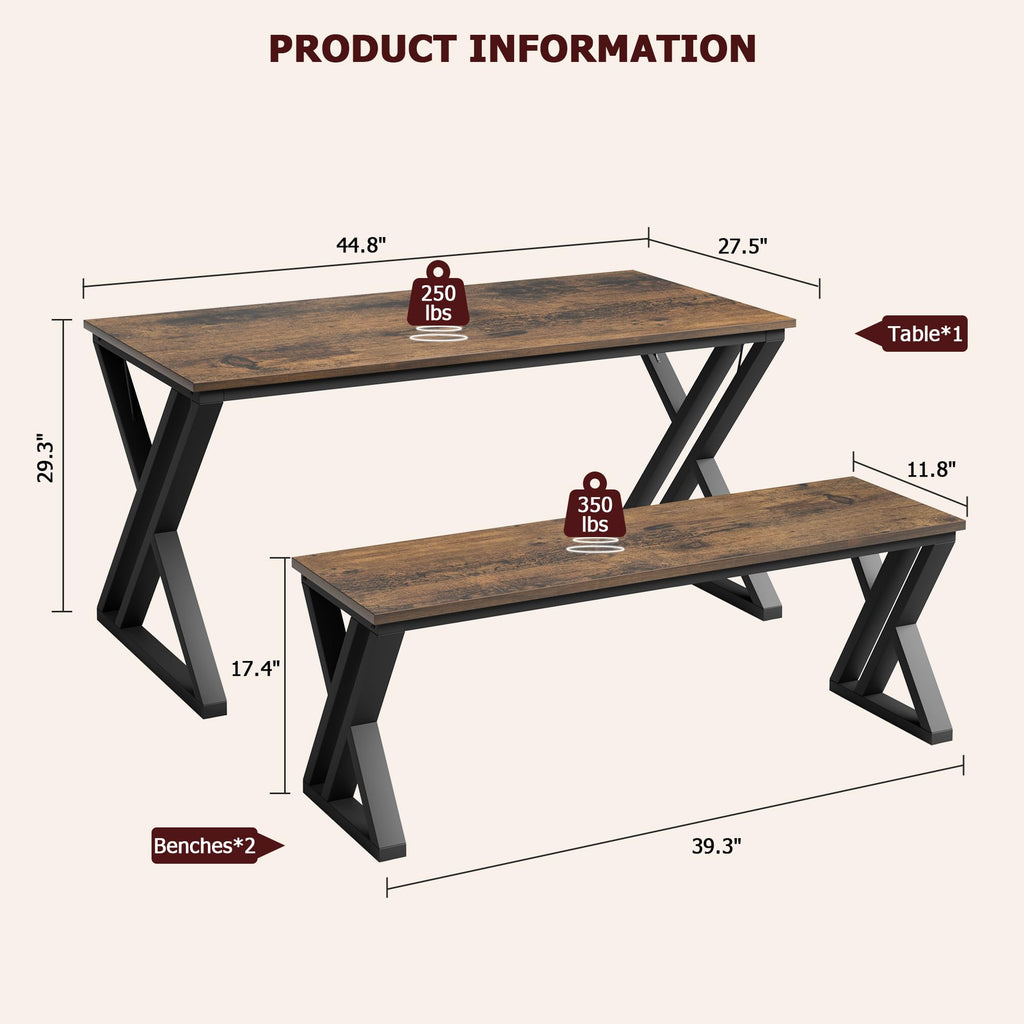 Dining Table Bench Set for 4, Kitchen Table Set with 2 Benches, Rectangular Dining Room Table Set with Sturdy Metal
