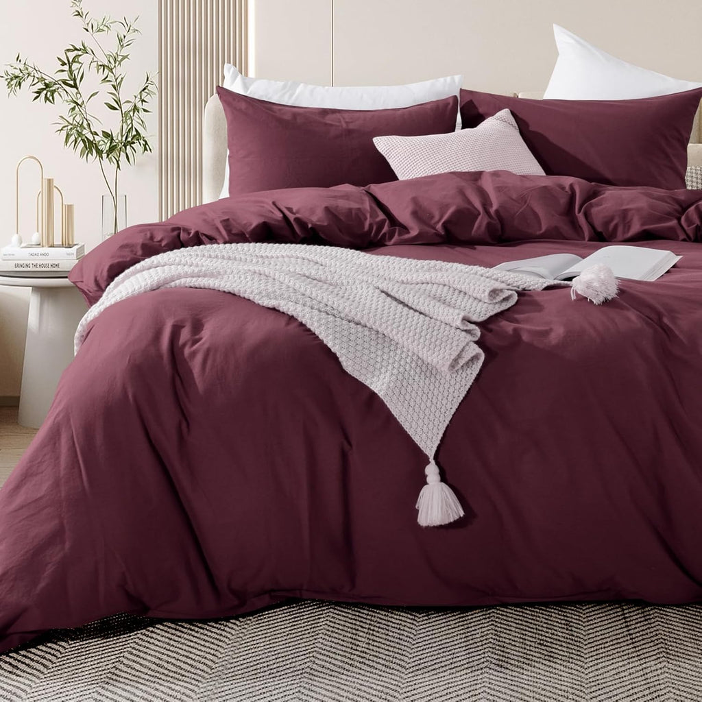 Duvet Cover Set Queen Linen Look Textured 100% Washed Cotton Duvet Cover Burgundy Dark Red 3 Pieces Bedding Set with