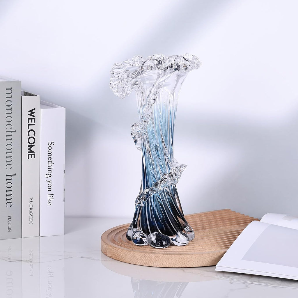 Hand Blown Blue Glass Vase, Unique Art Beautiful Ocean Glass Vase for Coastal Home Decor, Coffee Table, Living Room