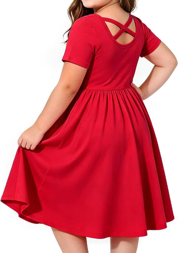 Girl Short Sleeve Dress Cotton A-Line School Dress with Pockets