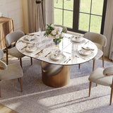 Modern Extendable Dining Table for 4-6, 47" to 63" Round to Oval Sintered Stone Kitchen Table with Carbon Steel Base