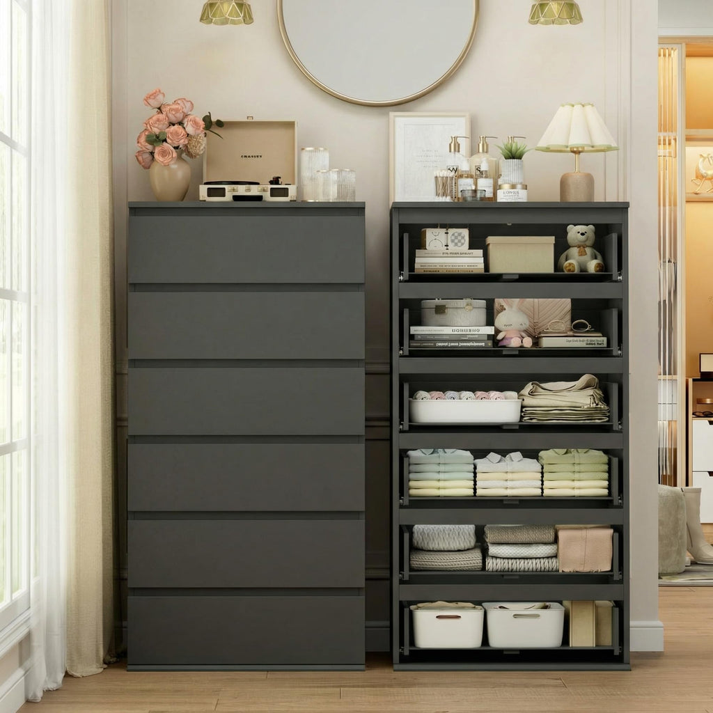 Black Dresser, 6 Drawer Dresser with Handleless Drawer Cabinet