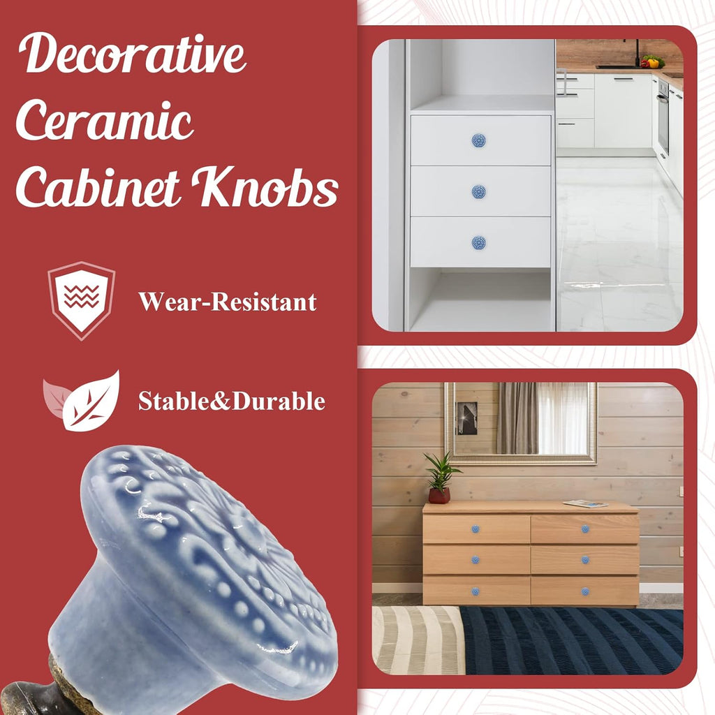 4pcs Greyish Blue Ceramic Knobs, Vintage & Retro Dresser & Cabinet Knobs & Pulls & Furniture Doors