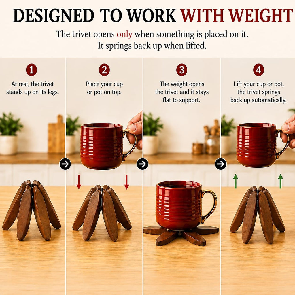 Foldable Black Walnut Wooden Trivet Set for Hot Dishes - 4 Trivets + 1 Stand for Hot Dishes, Tree Coasters, Pot - Set of 4