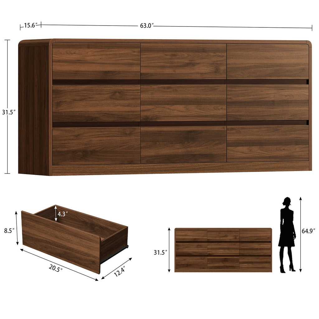 9 Drawer Dresser, 63" Wide Dressers & Chest of Drawers with Curved Profile Design, Wood Closet Storage Dressers
