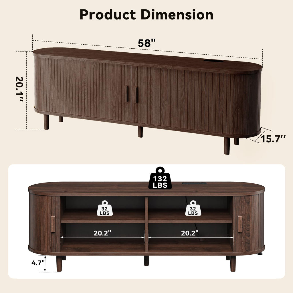 58" Mid Century Modern TV Stand with Power Outlet, Fluted Entertainment Center with Storage and Adjustable Shelves