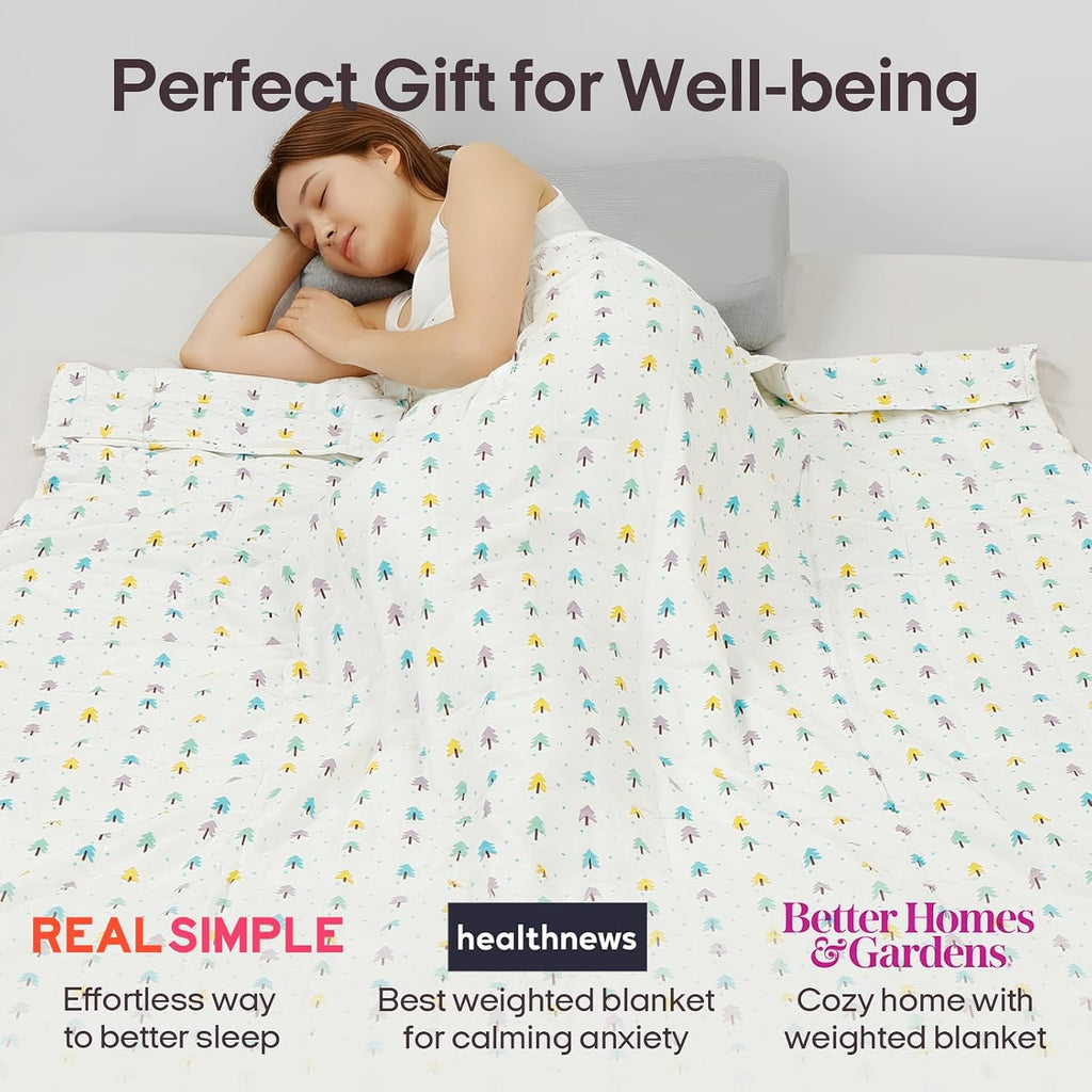 Cotton Weighted Blanket (60"x80", 15lbs, Small Tree Print) | Queen Size High Breathability Heavy Blanket, Soft