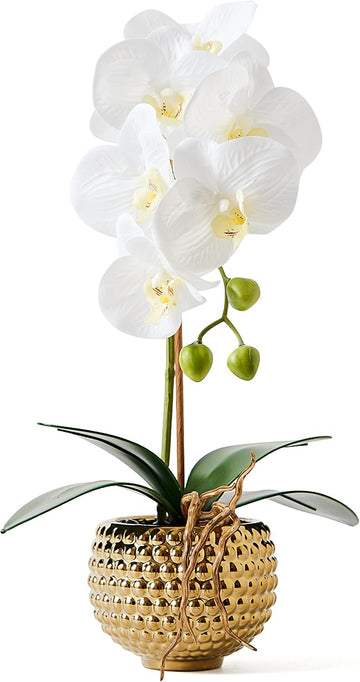 Orchids Artificial Flowers, 15" Faux Orchid in Gold Flower Pot Real Touch Flowers in Pot Large Flower Arrangements - Set of 6