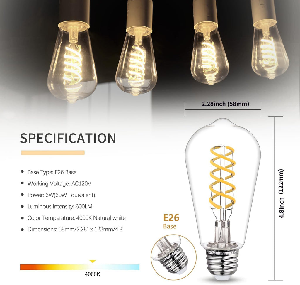 12 PCS ST58 Dimmable Spiral Vintage E26 LED Bulb 60 Watt LED Edison Bulbs