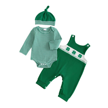 Baby Boy St Patricks Day Outfit Newborn Stripe Romper+Clover Overall Pants+Hat Infant First St Patricks Day Outfit