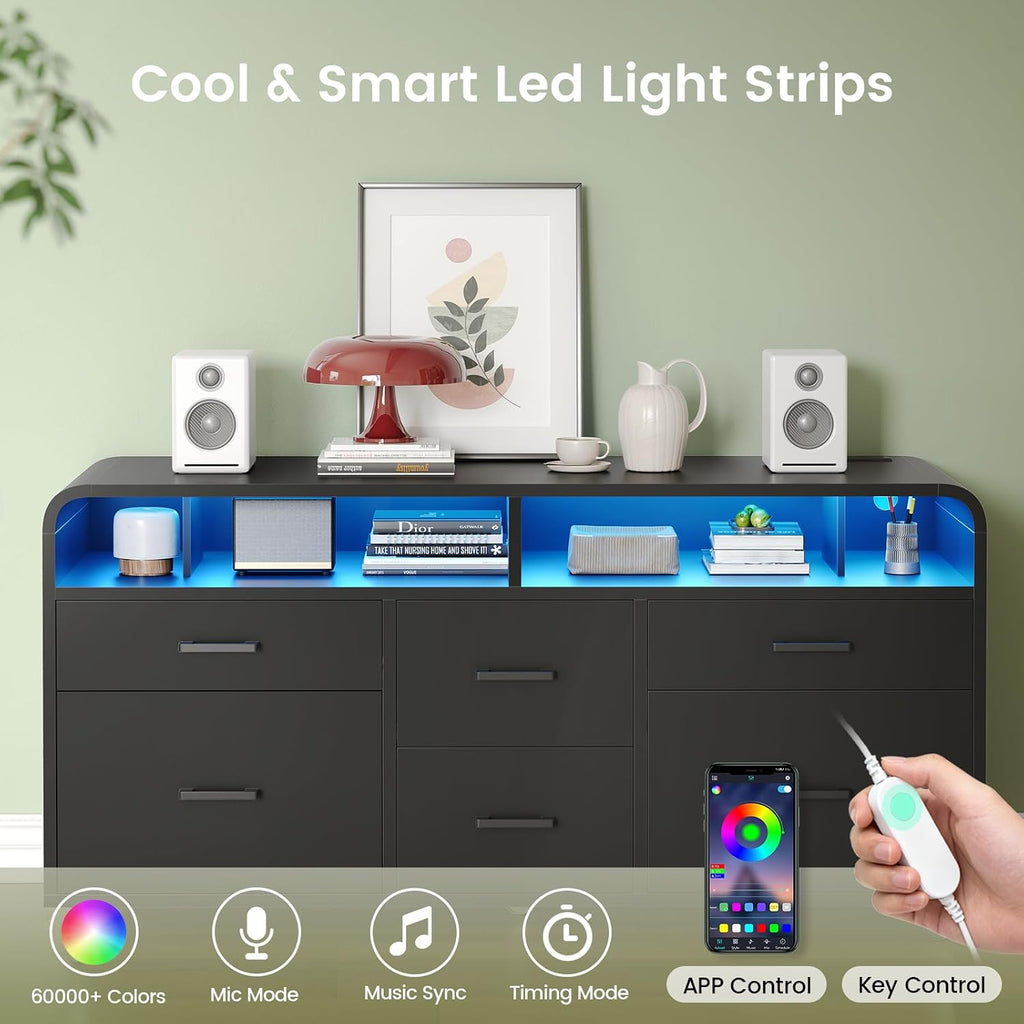 6 Drawers File Cabinet with Power Strip fits Legal/Letter/A4 Size | 47" Wood Mobile Lateral Filing Cabinet , Printer