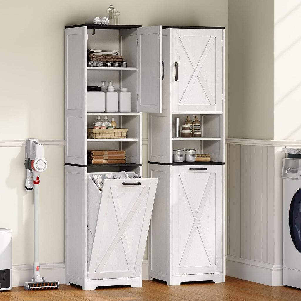 Tall Bathroom Cabinet, 67" Farmhouse Laundry Hamper Cabinet with Shelf Adjustable, 11.7 Gallon Capacity Tilt-Out