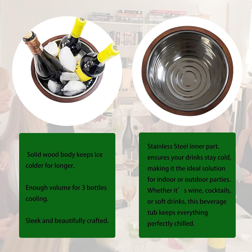 Insulated Wine Bucket, 4L Stainless Steel & Wood Wine Chiller Bucket for Wine, Champagne & Beer, Portable Wooden Ice