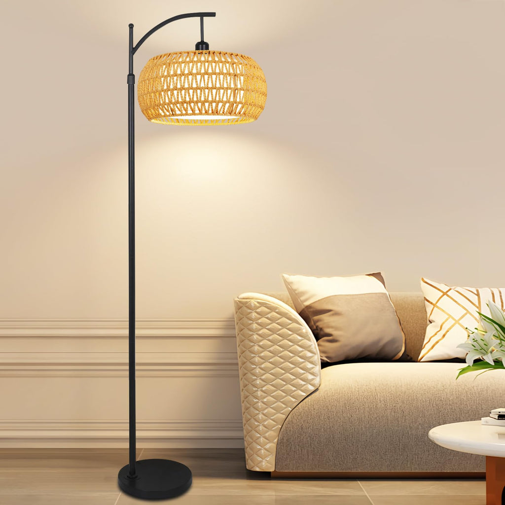 Arc Floor Lamps Rattan Boho Floor Lamp with Remote Control, Dimmable LED Floor Lamps Wicker Lamp Shades Black Standing