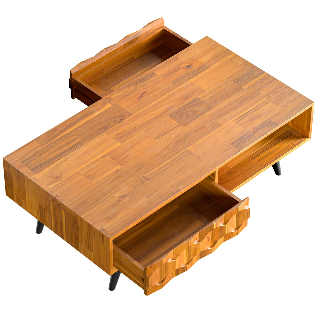 Georgina Solid Wood Coffee Table, 2 Drawers & Open Shelves, Teak Brown