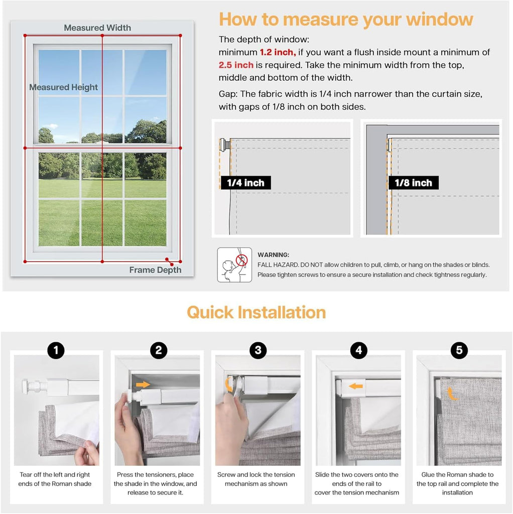 No Drill Cordless Roman Shades, 34'' W x 64'' H, Beige | Easy to Install, Light Blocking & Heat Insulating