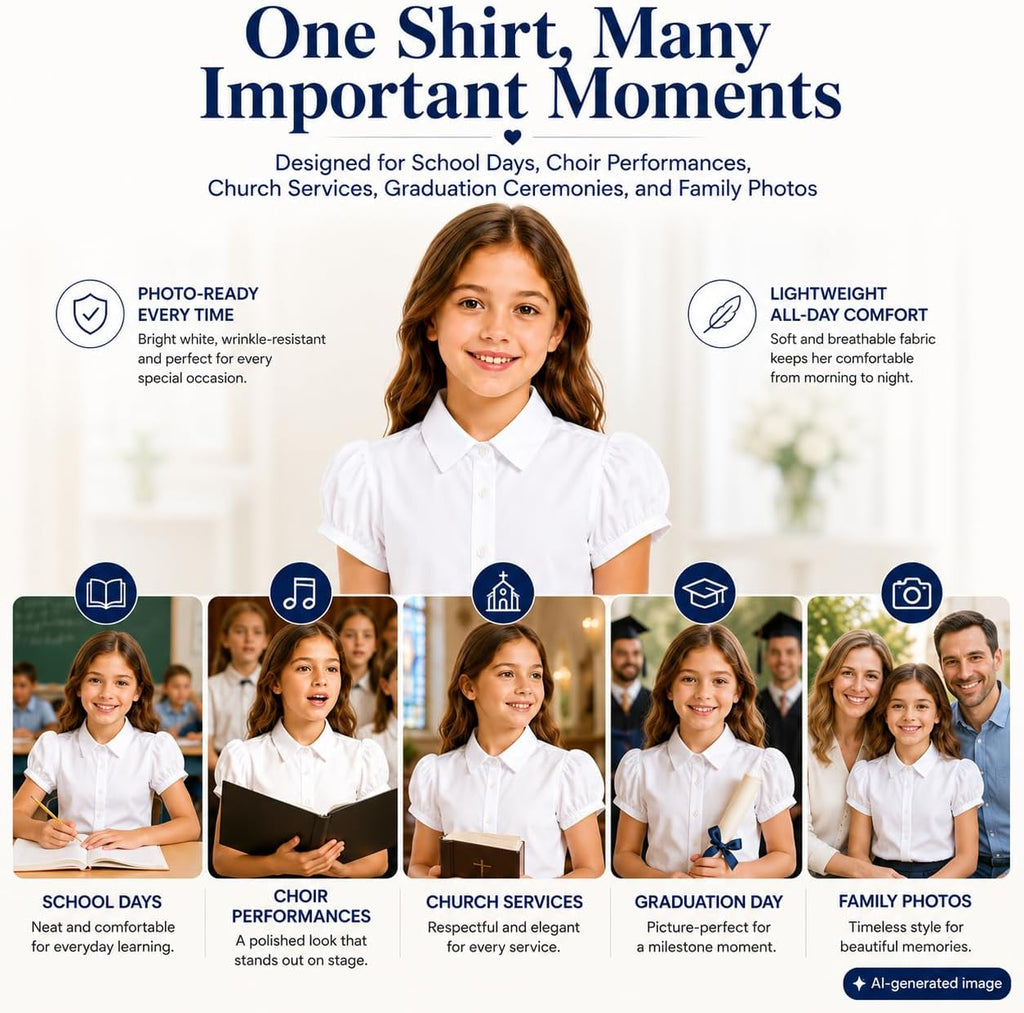 White Wrinkle-Free Girls Blouse: School Uniform Cotton Shirt