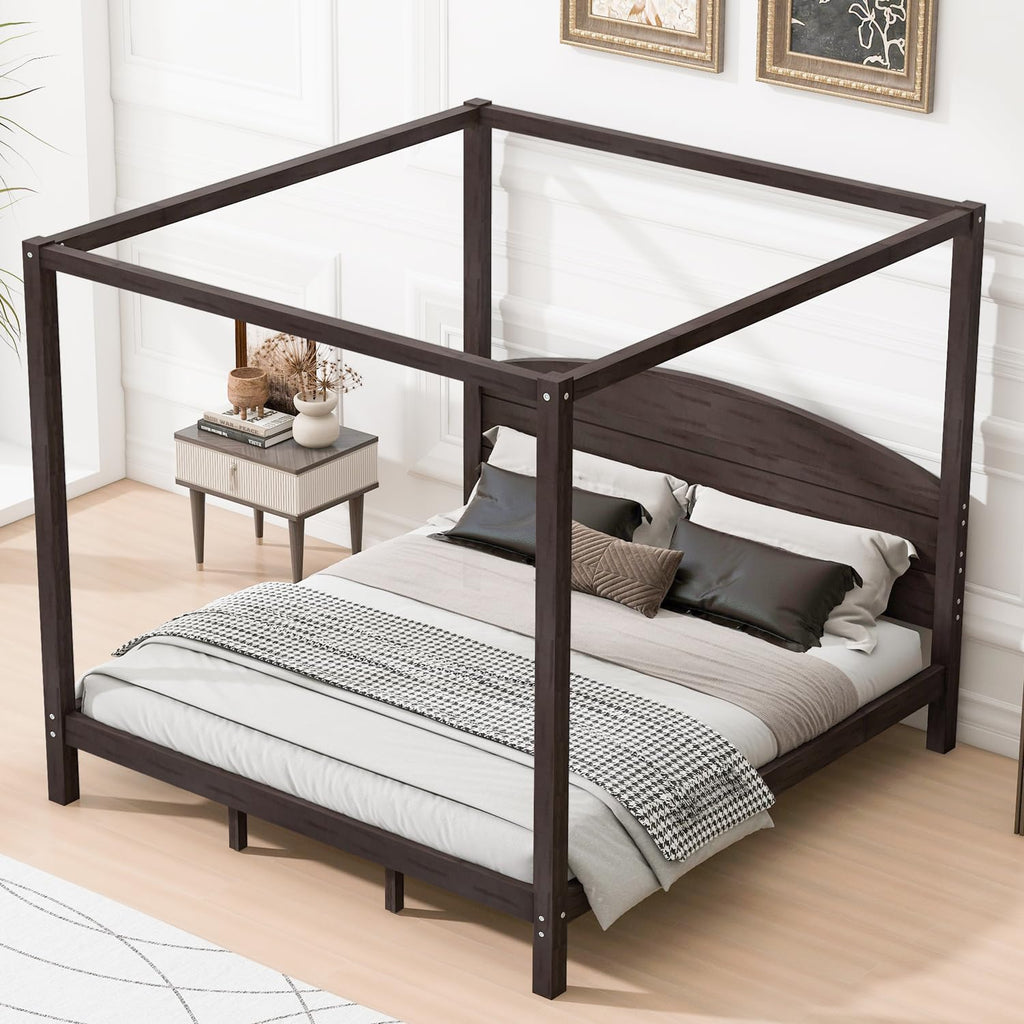 Wood Canopy Bed Frame with Headboard and Storage, Brown