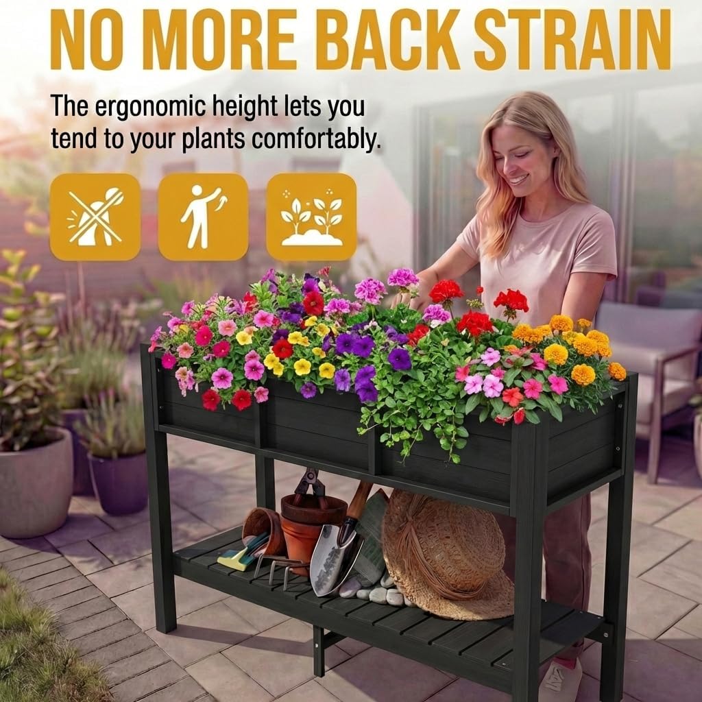 48x18x30in Raised Garden Bed Kit, HDPE Planter Box Stand, Poly Wood Weather-Resistant Planter Box with Legs & Storage