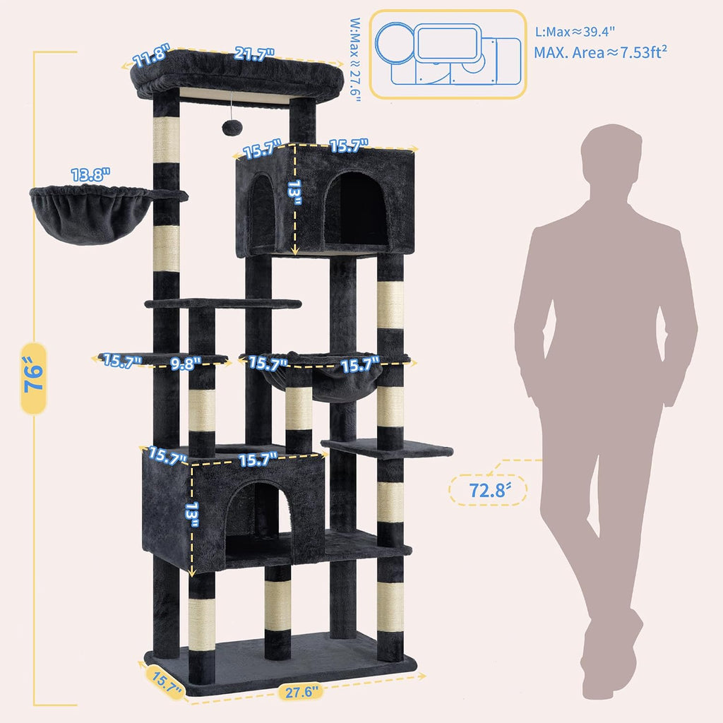 Cat Tree, 76-Inch Tall Heavy Duty Cat Tower for Big Cats