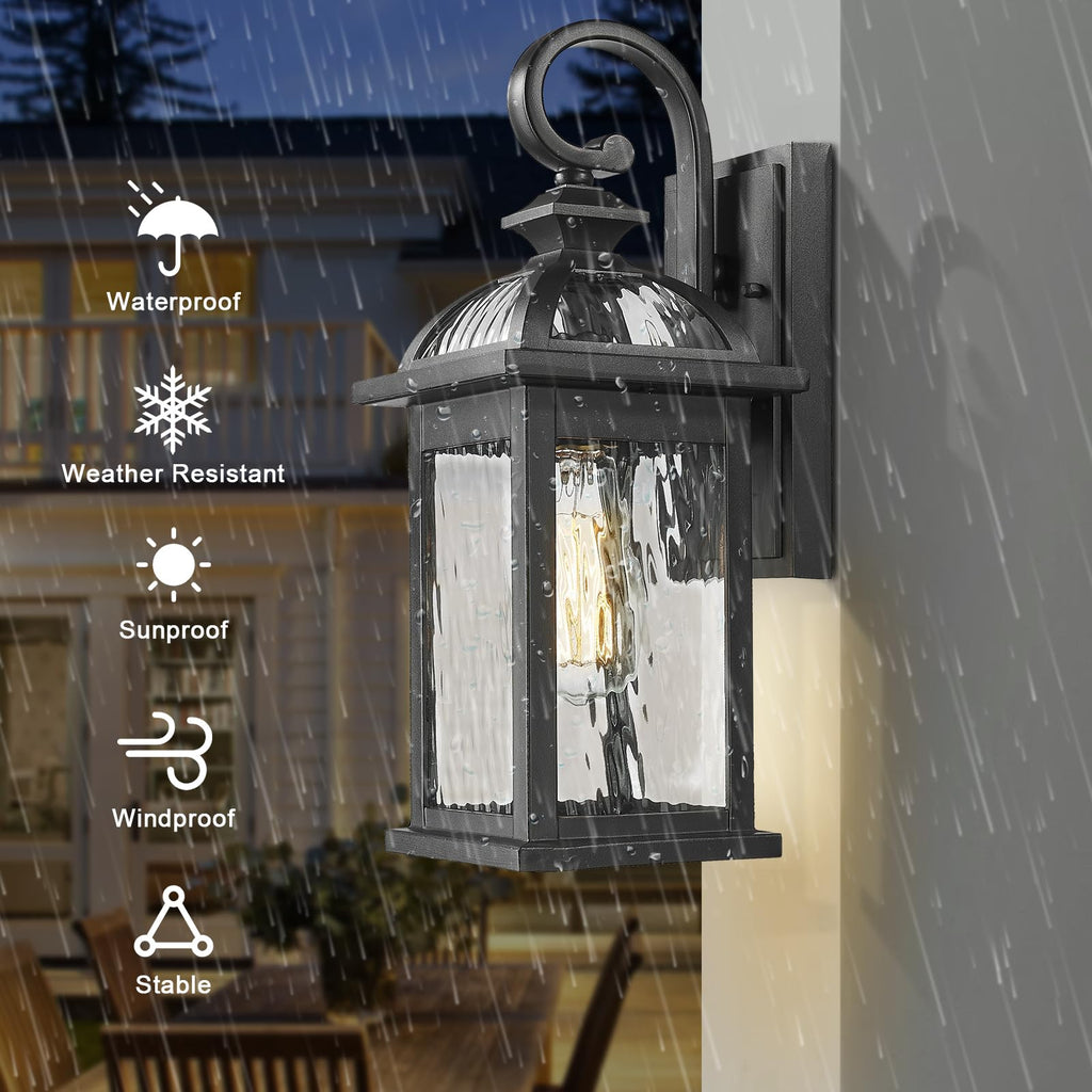 Outdoor Porch Lights Fixture Wall Mount, Exterior Wall Light with Water Ripple Glass Waterproof Black Outside Wall