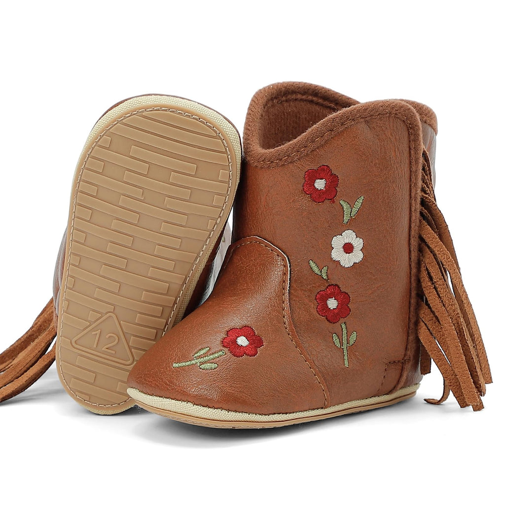 Baby Cowgirl Boots Infant Floral Embroidered Fringe Western Shoes for First Walker (Brown/flowers, )