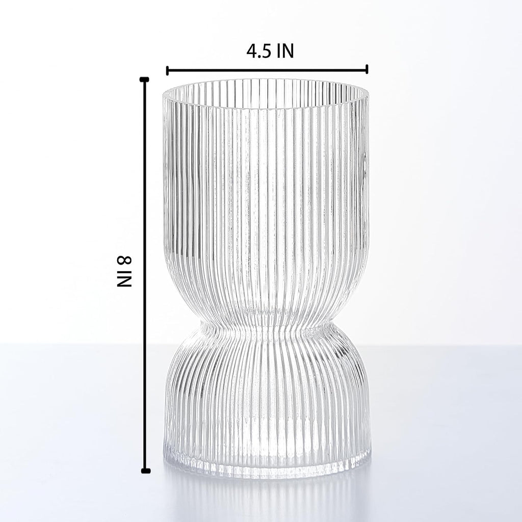 7.5 inch Vase for Flowers, Clear Ribbed Thickened Glass Vases, Hourglass Bud Flower Vase for Bookshelf, Dinner Table