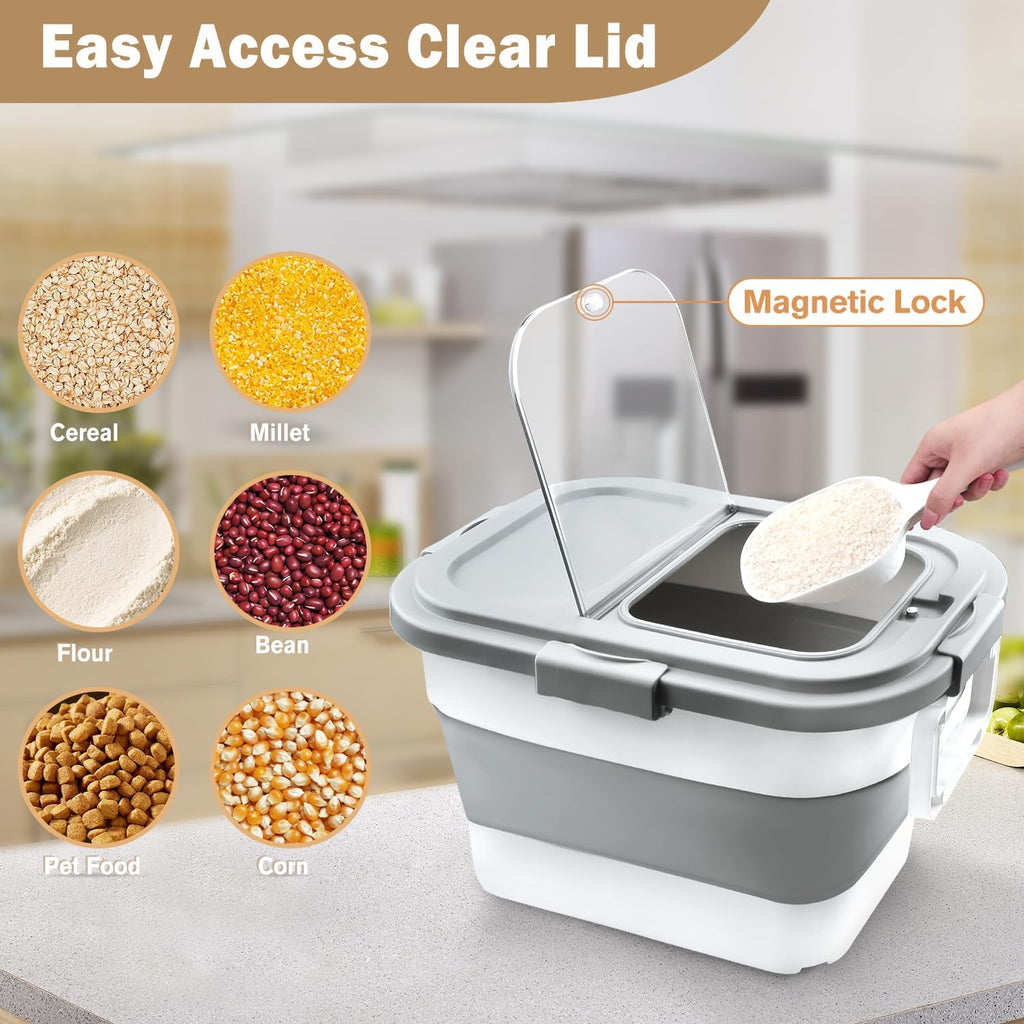 Rice Storage Container 10-40 lb, 25 lb Pet Dog Food Storage Container, Collapsible Airtight Rice Container, Rice