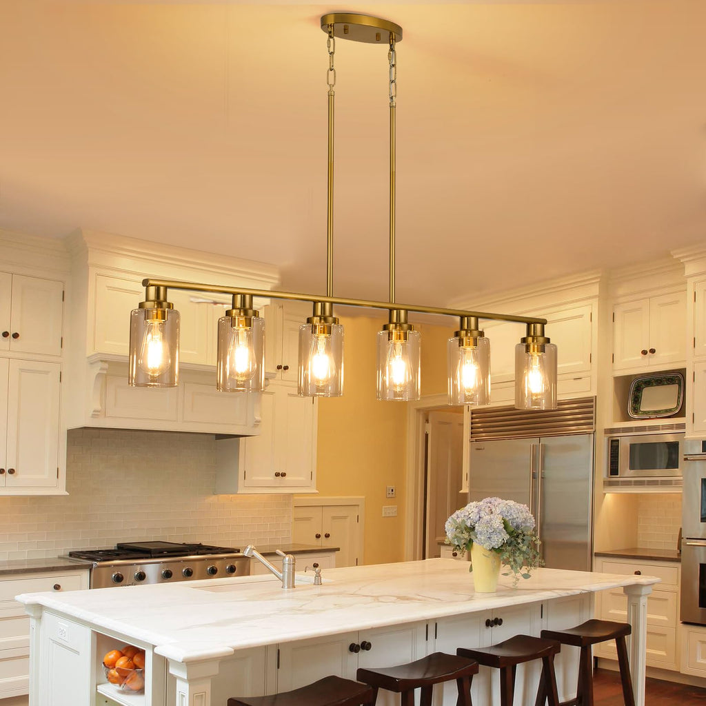 Kitchen Island Lighting, 6-Light Modern Dining Room Light Fixture Over Table,44.3'' Vintage Farmhouse Gold Linear