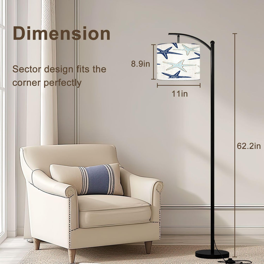 Arc Floor Lamp Coastal nautical starfish repeat pattern Navy blue turquoise white Modern Tall Standing Lamp Dimmable